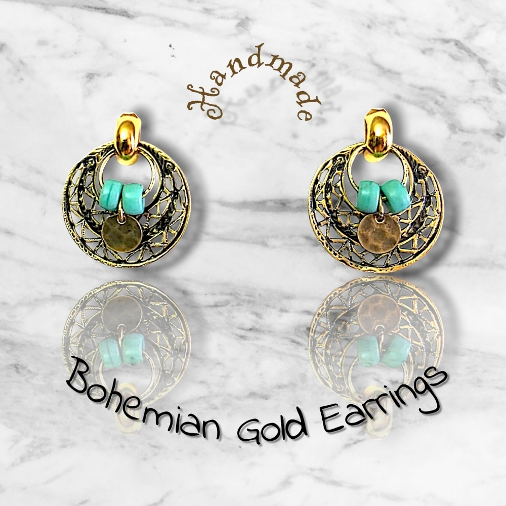 Handmade Bohemian Disc Earrings with Turquoise Beads